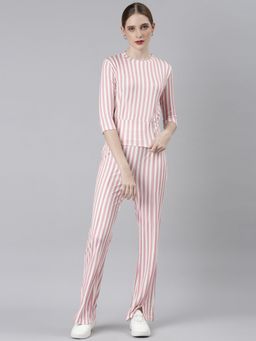 SHOWOFF - Womens Round Neck Pink Three Quarter Sleeves Striped Co-Ord (Set of 2)