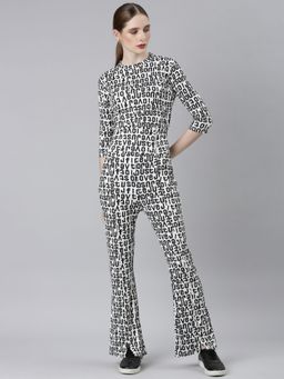 SHOWOFF - Womens Round Neck White Three Quarter Sleeves Printed Co-Ord (Set of 2)