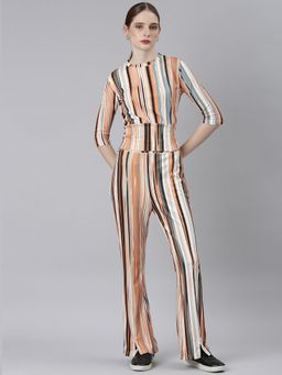 SHOWOFF - Womens Round Neck Orange Three Quarter Sleeves Striped Co-Ord (Set of 2)