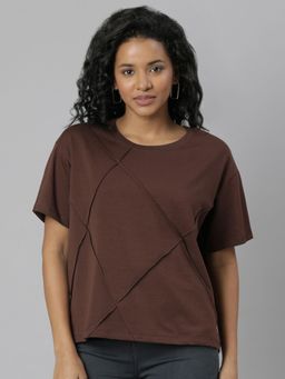 SHOWOFF - Womens Short Sleeves Round Neck Solid Boxy Fit Brown Regular T-Shirt