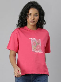 SHOWOFF - Womens Short Sleeves Round Neck Graphic Boxy Fit Pink Regular T-Shirt