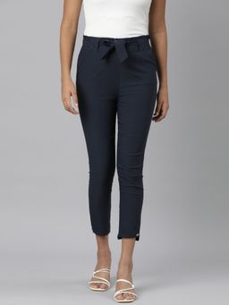 SHOWOFF - Womens Flat-Front Navy Blue Slim Fit Solid Peg Trousers