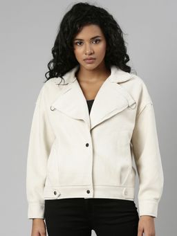 SHOWOFFFF - Womens Lapel Collar Cream Solid Open Front Jacket