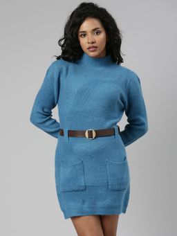 SHOWOFF - Womens Blue High Neck Long Sleeves Bodycon Solid Mini Dress (Set of 2)