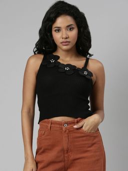 SHOWOFF - Womens Sleeveless One Shoulder Fitted Black Solid Crop Top