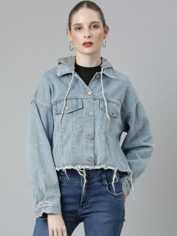 SHOWOFFFF - Womens Hooded Blue Over Sized Solid Denim Jacket