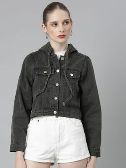 SHOWOFFFF - Womens Hooded Black Solid Crop Denim Jacket