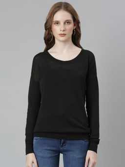 SHOWOFF - Womens Long Sleeves Round Neck Black Solid Regular Top