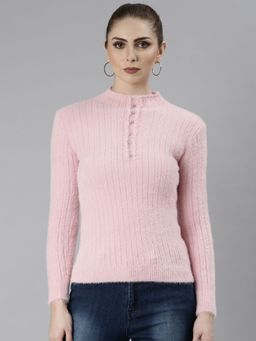 SHOWOFF - Womens Long Sleeves High Neck Pink Solid Regular Top