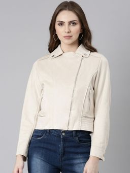 SHOWOFFFF - Womens Collar Cream Solid Tailored Jacket