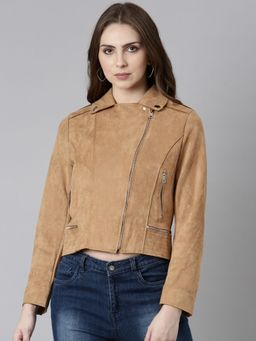 SHOWOFF - Womens Collar Brown Solid Tailored Jacket