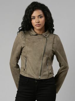 SHOWOFF - Womens Collar Olive Solid Tailored Jacket