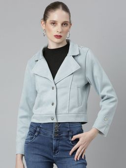 SHOWOFF - Womens Notched Lapel Blue Solid Crop Tailored Jacket