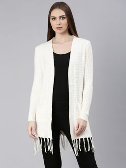 SHOWOFFFF - Womens Self Design Long Sleeves Cream Longline Open Front Shrug