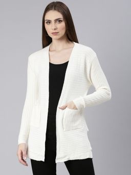 SHOWOFF - Womens Self Design Long Sleeves Off White Longline Open Front Shrug