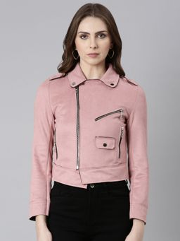 SHOWOFFFF - Womens Collar Pink Solid Tailored Jacket