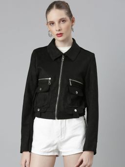 SHOWOFF - Womens Spread Collar Black Solid Tailored Jacket