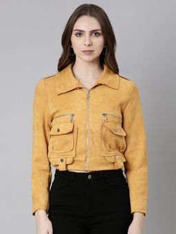 SHOWOFFFF - Womens Spread Collar Mustard Solid Tailored Jacket