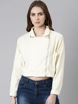 SHOWOFF - Womens Spread Collar Cream Solid Denim Jacket