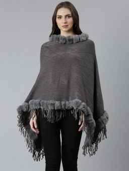 SHOWOFFFF - Womens Grey Self Design High Neck Poncho