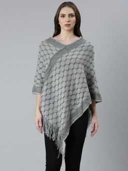 SHOWOFFFF - Womens Grey Self Design V-Neck Poncho