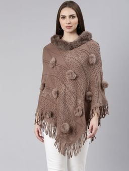 SHOWOFFFF - Womens Coffee Brown Self Design High Neck Poncho