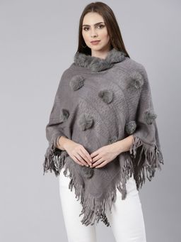 SHOWOFFFF - Womens Grey Self Design High Neck Poncho
