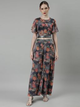 SHOWOFF - Womens Round Neck Grey Short Sleeves Printed Co-Ord (Set of 2)