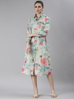 SHOWOFF - Womens Multicolor Shirt Collar Three Quarter Sleeves A-Line Floral Midi Dress