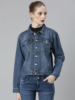 SHOWOFFFF - Womens Spread Collar Navy Blue Solid Denim Jacket