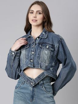 SHOWOFFFF - Womens Spread Collar Blue Distressed Over Sized Solid Crop Denim Jacket
