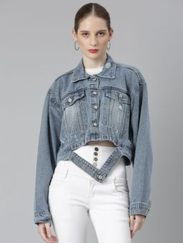 SHOWOFFFF - Womens Spread Collar Blue Distressed Over Sized Solid Crop Denim Jacket