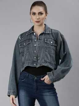 SHOWOFF - Womens Spread Collar Blue Over Sized Solid Crop Denim Jacket