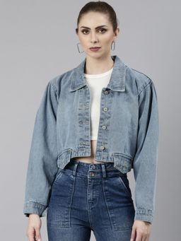 SHOWOFFFF - Womens Spread Collar Blue Over Sized Solid Crop Denim Jacket