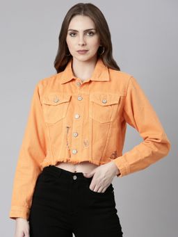 SHOWOFFFF - Womens Spread Collar Orange Distressed Solid Crop Denim Jacket