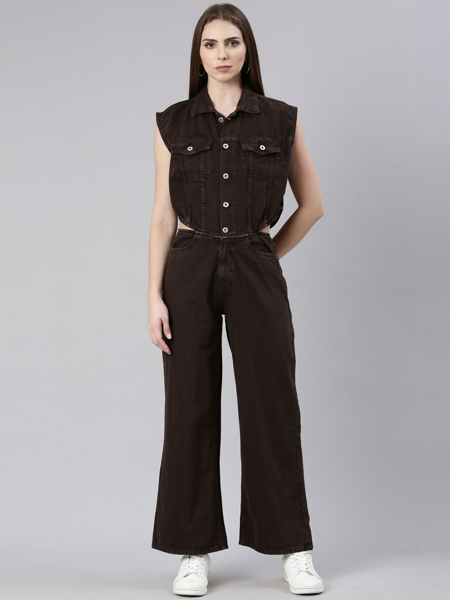 showoffff Womens Shirt Collar Solid Coffee Brown Sleeveless Basic Jumpsuit-picture-22