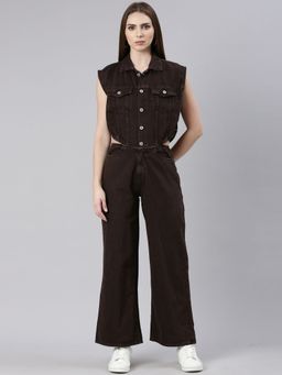 SHOWOFF - Womens Shirt Collar Solid Coffee Brown Sleeveless Basic Jumpsuit