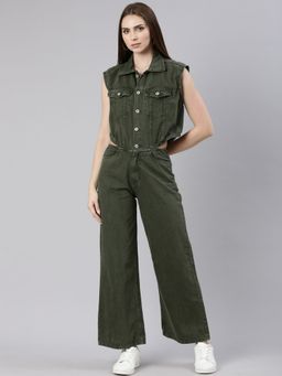 SHOWOFF - Womens Shirt Collar Solid Olive Sleeveless Basic Jumpsuit