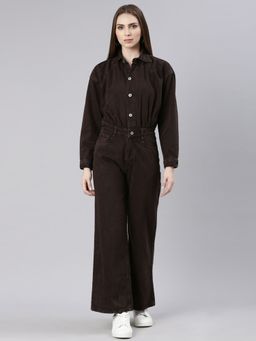 SHOWOFF - Womens Shirt Collar Solid Coffee Brown Long Sleeves Basic Jumpsuit