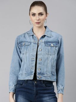 SHOWOFFFF - Womens Spread Collar Blue Solid Denim Jacket