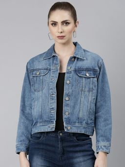SHOWOFFFF - Womens Spread Collar Blue Solid Denim Jacket