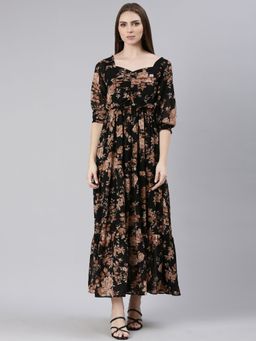SHOWOFF - Womens Black Sweetheart Neck Three Quarter Sleeves Empire Floral Maxi Dress