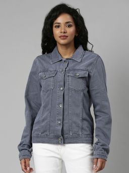 SHOWOFF - Womens Spread Collar Grey Solid Denim Jacket