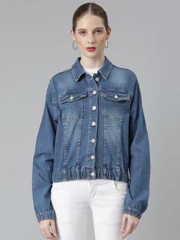 SHOWOFFFF - Womens Spread Collar Blue Solid Denim Jacket
