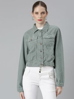 SHOWOFFFF - Womens Spread Collar Sea Green Solid Tailored Jacket