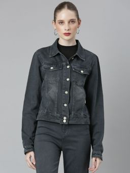 SHOWOFF - Womens Spread Collar Grey Solid Denim Jacket