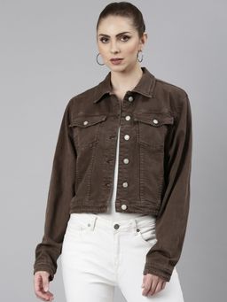 SHOWOFF - Womens Spread Collar Coffee Brown Solid Denim Jacket