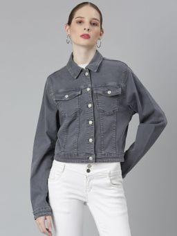 SHOWOFF - Womens Spread Collar Grey Solid Denim Jacket