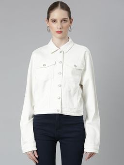 SHOWOFFFF - Womens Spread Collar White Solid Denim Jacket