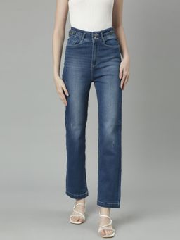 SHOWOFFFF - Womens Low Distress Mid-Rise Blue Straight Fit Denim Jeans